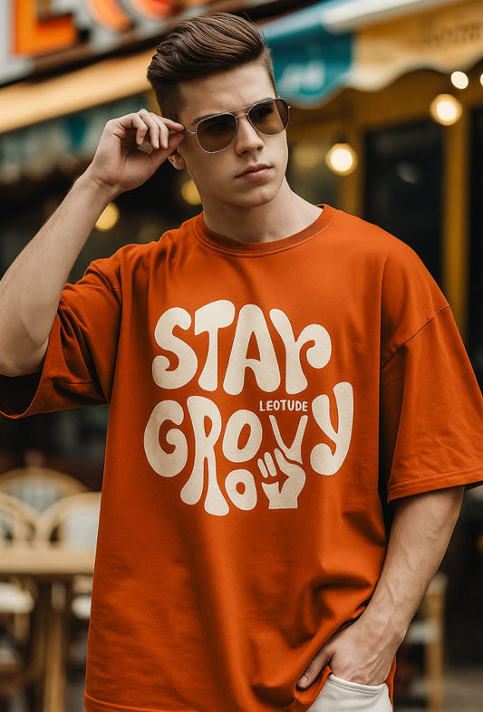 Typography Regular Round Orange Oversized T-Shirt