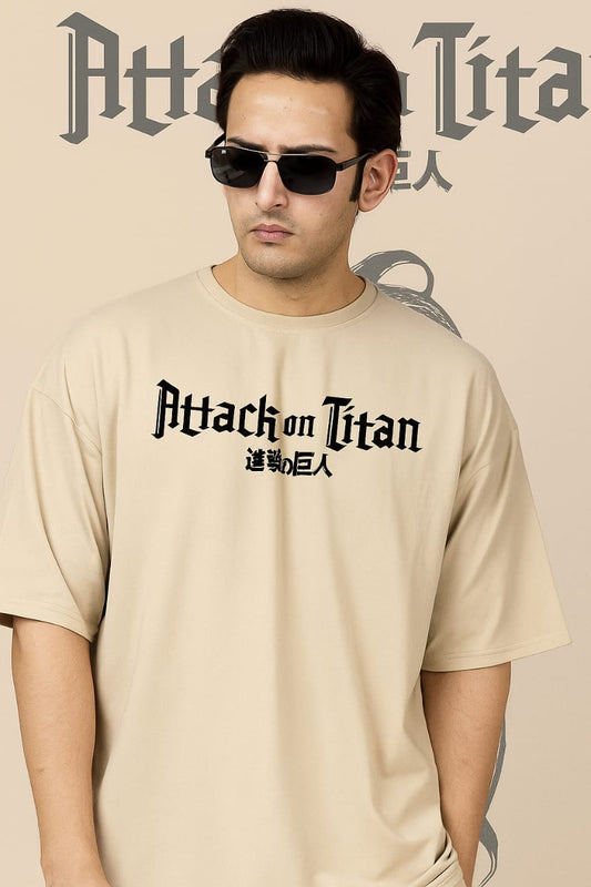 Attack on Titan anime Printed Oversized T-shirt for Men (Beige)