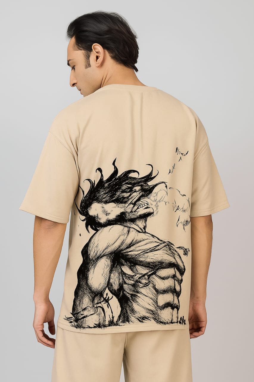 Attack on Titan anime Printed Oversized T-shirt for Men (Beige)